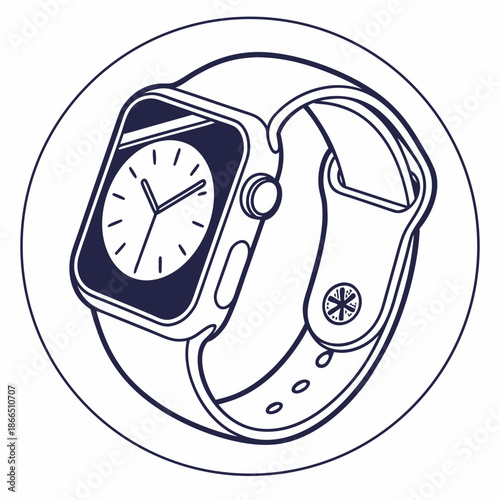 Title: A stylized digital of a smartwatch with a round face and a black strap featuring a