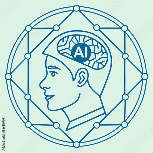 Title: of a human profile with a brain and the word AI integrated into the surrounded by a