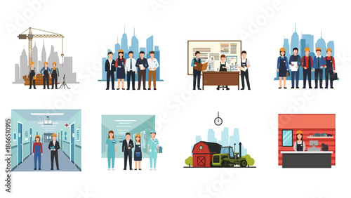 Diverse Workforce: Professionals in Various Industries Over City Skyline Backdrop