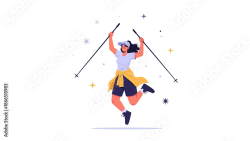 Happy Nordic Walker Jumping And Celebrating Success In Her Sport Activity