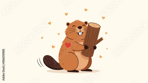 Happy Beaver Hugging Log With Heart Surrounded By Floating Hearts Illustration