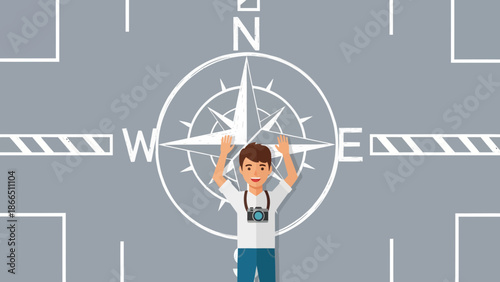 Happy Tourist Boy In A City Planning Map With Compass Rose Navigation Design