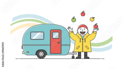 Happy Traveler With Caravan Enjoying Vacation Juggling Apples Under Colorful Sky