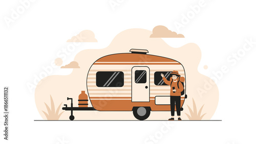 Happy Traveler With Camper Ready For Vacation Adventure In Nature