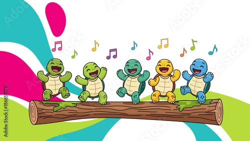 Happy Turtles Dance Together On A Log With Musical Notes Floating Overhead