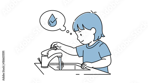 Child Fixing Leaky Faucet Thinking Water Drop Leak Problem Cartoon Illustration Art