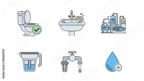 Plumbing Illustration Set: Depicting Water Systems and Fixtures for Home Maintenance