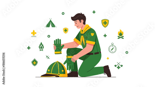 Happy Young Boy Scout Prepares His Gear For An Outdoor Adventure