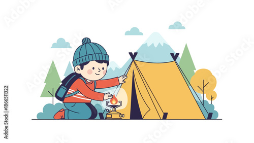 Happy Young Camper Starting a Campfire Near Tent In a Forest Illustration