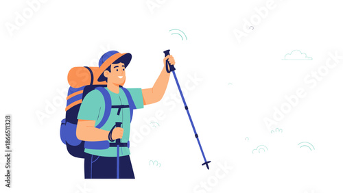 Happy Young Man Hiking In Nature With Backpack And Trekking Poles