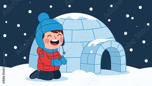 Happy Child Building Igloo In Snowy Winter Landscape Vector Illustration