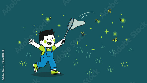 Happy Child Chasing Fireflies With A Net On A Summer Night Adventure