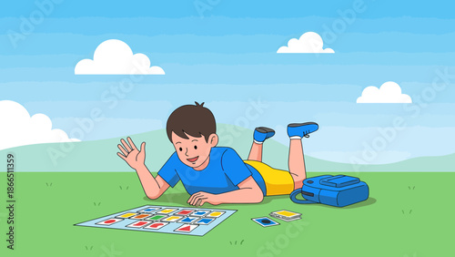 Happy Youngster Plays Educational Card Game On Lawn Illustration