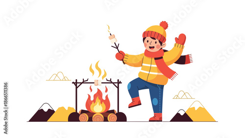 Happy Child Roasting Marshmallow Around Cozy Bonfire Outdoor In Winter Season