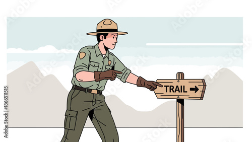 Helpful Park Ranger Pointing The Way To A Scenic Trail Adventure Destination