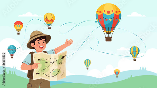 Happy Explorer Traces Route on Map With Air Balloons for Adventure Journey