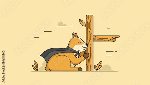 Heroic Protector: Adorable Fox Protecting Nature's Signpost Illustration for Childrens Content