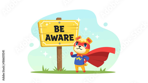 Heroic Mascot Bear Promoting Safety Awareness and Attention Message in Cartoon Style