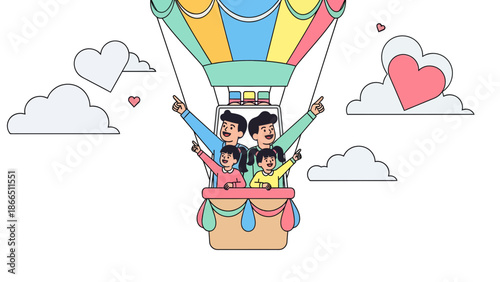 Happy Family Enjoying a Colorful Hot Air Balloon Ride in the Sky Together