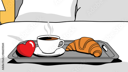 Breakfast Time: Croissant Coffee and Heart on Phone Screen Illustration