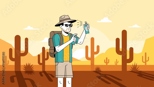 Hiker Applies Insect Repellent In Desert Landscape Against Biting Insects