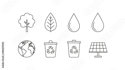 Sustainability Icons: Water Solar Recycle Leaf Tree Earth Line Art Black White