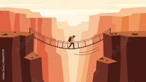 Hiker Crossing Canyon On Hanging Bridge Adventure Illustration Landscape View