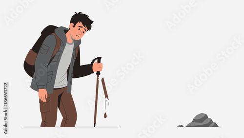 Hiker Disappointed With Broken Trekking Poles in a Remote Isolated Location