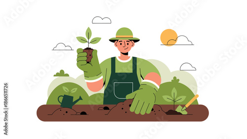 Happy Gardener Planting Seedling In The Soil At Sunny Day Illustration