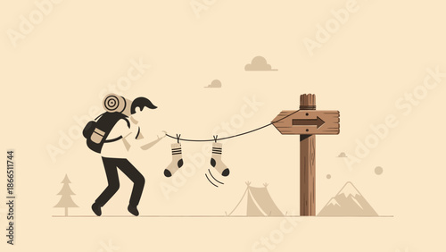 Hiker Dries Socks On A Makeshift Clothesline In The Wilderness Adventure Trip