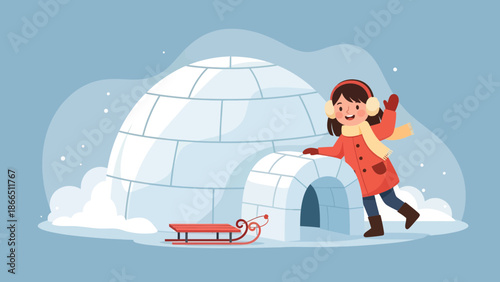 Happy Girl Playing Outside Building An Igloo In A Snowy Winter Landscape