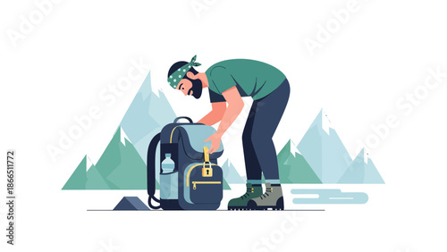 Hiker Getting Ready For An Outdoor Adventure In The Mountains With His Backpack