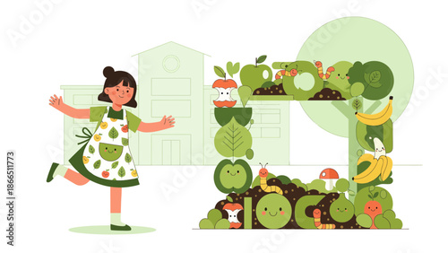 Happy Girl Learning About Organic Food Composting at School Education Program