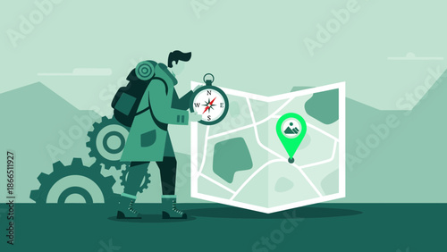 Hiker Planning Route With Compass And Map Against A Mountain Landscape