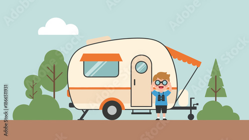 Happy Kid Adventurer With Binoculars Beside Camper Van In Natural Scenery