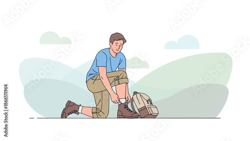 Hiker Prepares For Adventure On Green Hills Mountain Outdoors Journey