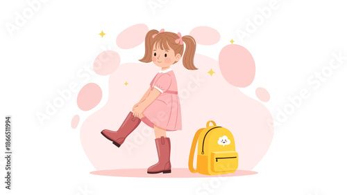 Happy Little Girl Getting Ready for School Wearing Boots And Yellow Backpack