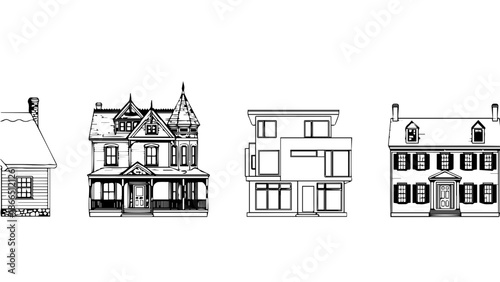Line drawings of various house styles isolated on white background, Vector