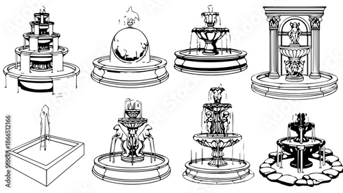 Collection of decorative fountains isolated on white background, Vector