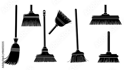 Collection of brooms and brushes isolated on white background, Vector