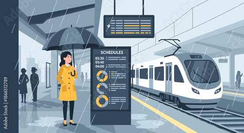 Woman with Umbrella Waiting for Train on Rainy Day.