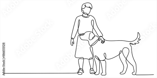 Continuous line drawing showing the bond between a person and their faithful dog companion Vector, illustration
