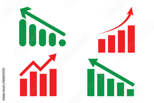 Set of Green arrow up and red down arrow. Finance profit and loss graph symbol.