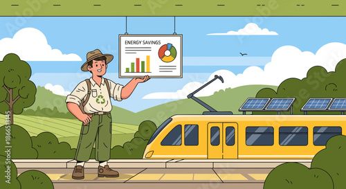 Sustainable Transportation Advocate Presenting Energy Savings Data Near SolarPowered Train.