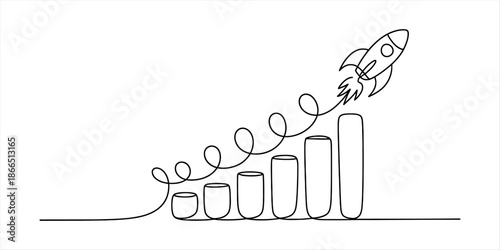 Continuous line drawing of a rocket taking off from a growing bar chart Vector, illustration