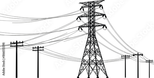 High voltage transmission tower vector illustration with utility poles and overhead power lines, steel lattice pylon silhouette for energy infrastructure design