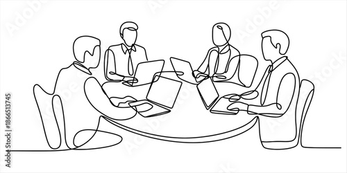 Continuous line drawing of a business meeting with four colleagues working on laptops Vector, illustration
