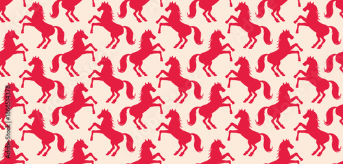 Seamless pattern with rearing horse silhouettes in red. Repeating equestrian animal motif. Vector background for fabric, wallpaper, wrapping paper, textile, fashion prints and decorative design.