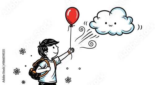 Boy Holding Red Balloon in Windy Weather.