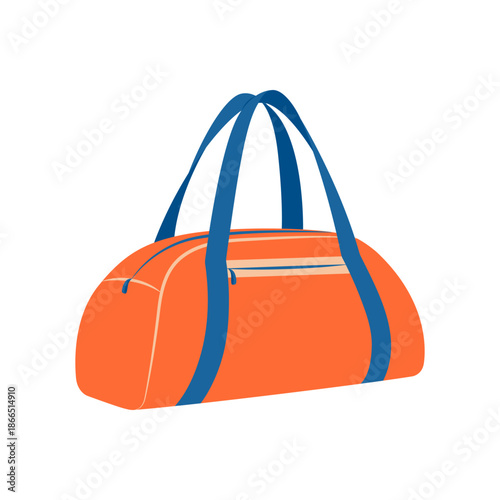 Vector illustration of a blue and orange sports duffel with handles isolated on a white background. Essential accessory for holding gym equipment, training clothes and shoes.
